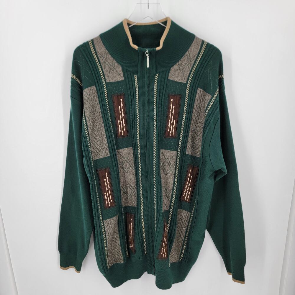 SilverSilk Zip Up Cardigan Mens XXL Green Brown Tan Faux Suede Patches Vintage